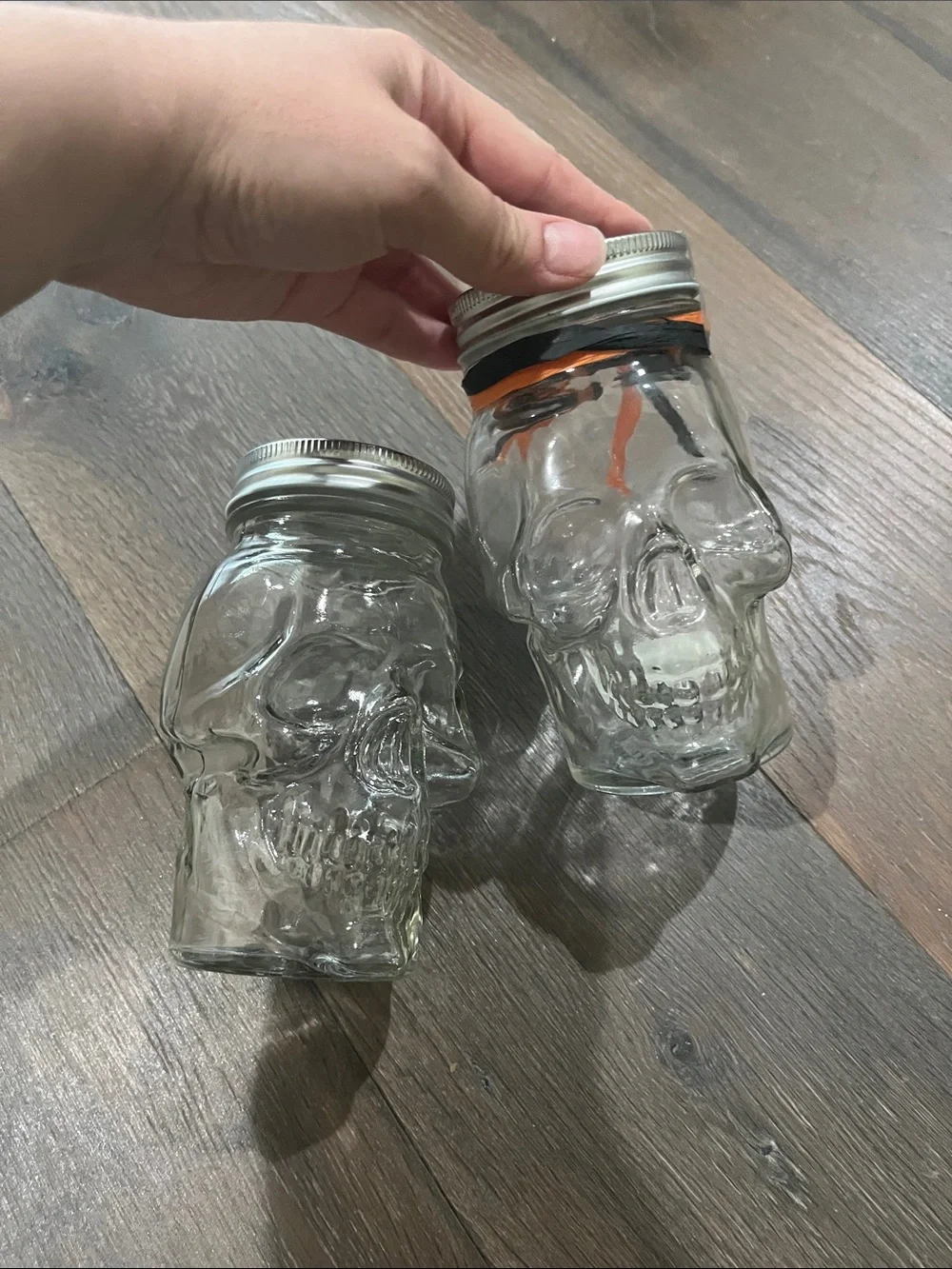 Clear Skull-Shaped Glass Jar Set with Silver Lids - Halloween Drinkware